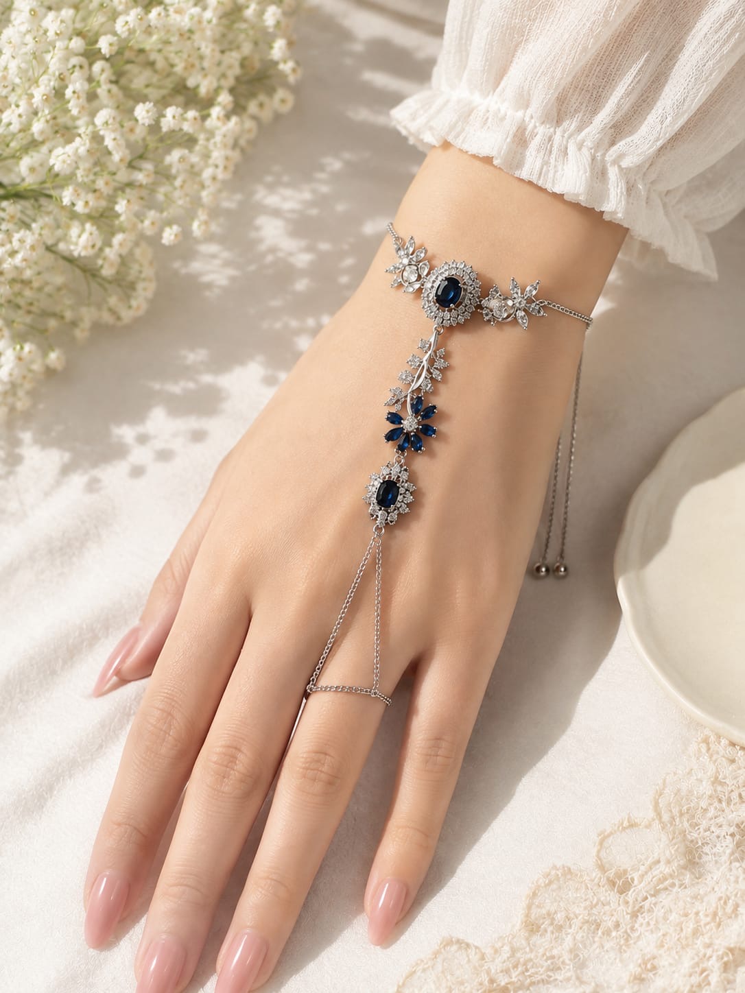 Women’s Blue Stone Hand Bracelet Ring | Adjustable Slave Bracelet | Crystal Hand Chain | Finger Bracelet | Party & Bridal Jewelry