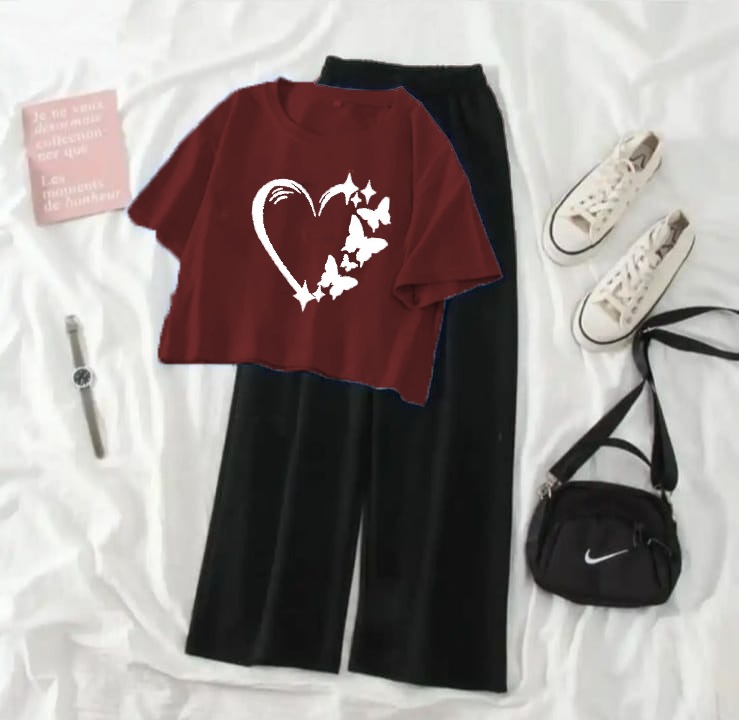 Crop Top Suits For Women High Quality Tshirt And Black Plazo