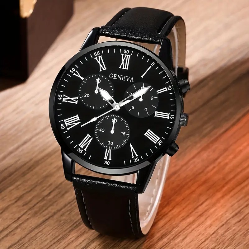 4 Pcs Men Women Fashion Watch Set Quartz Round Dial Roman Numeral Watch Necklace Bracelet Ring Gift Set