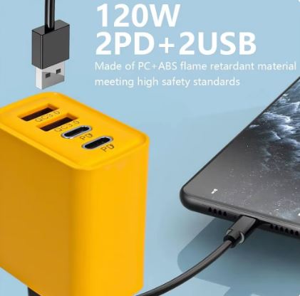 120W  Portable USB-C PD 4-Port Adapter Quick Charge Wall Charger