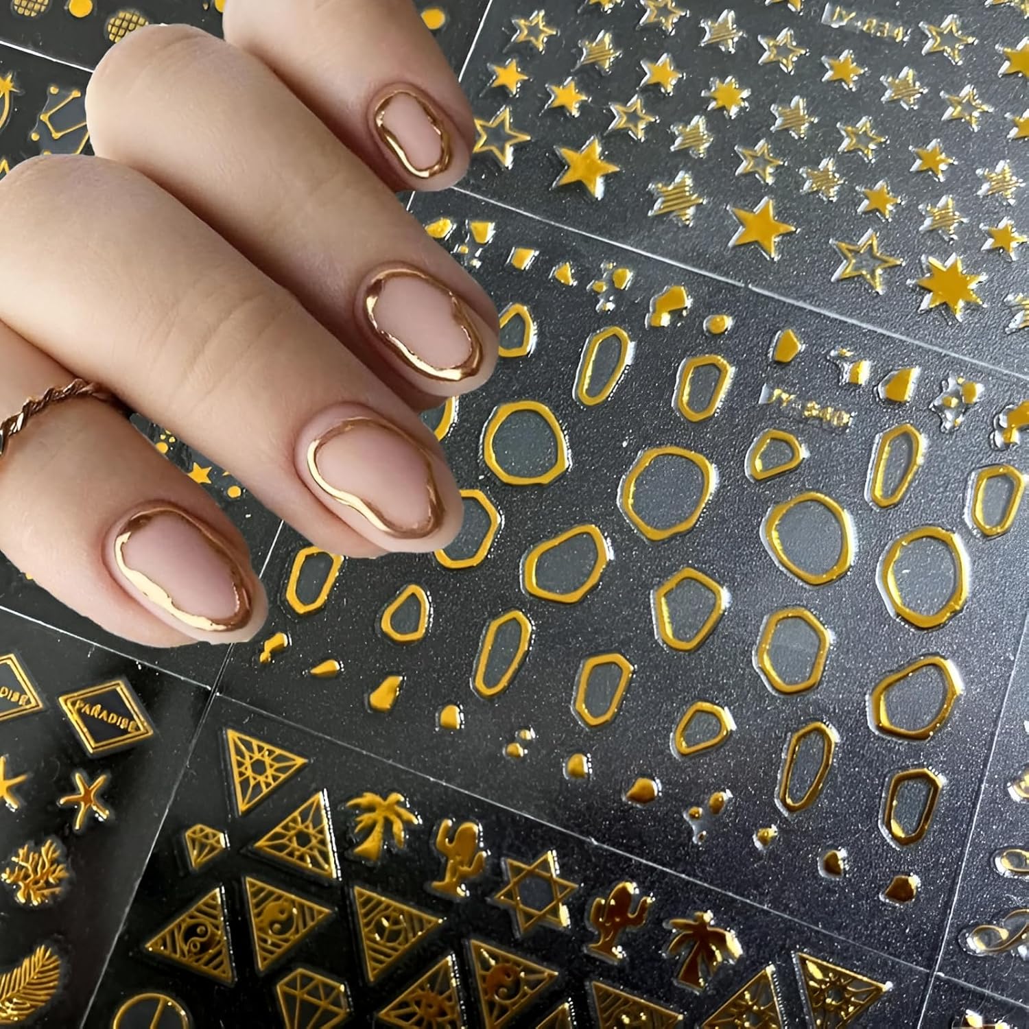 5 Sheets Gold Nail Art Stickers | 3D Self-Adhesive Nail Decals | Gold Line, Metallic Nail Stickers for Acrylic, Gel & Natural Nails | Long-Lasting & 5D Nail Decoration
