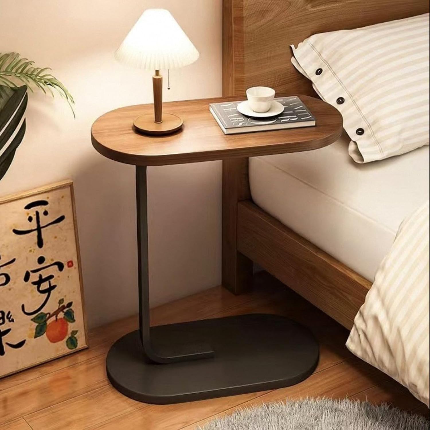 C-Shaped Sofa Side Table - A Space-Saving Modern Design. It Features a Sturdy Metal Base And Walnut Wood Panels. The Multi-Layer Design Is Suitable for Placing Coffee And Snacks. It Is Furniture for The Living Room And Bedside in The Bedroom