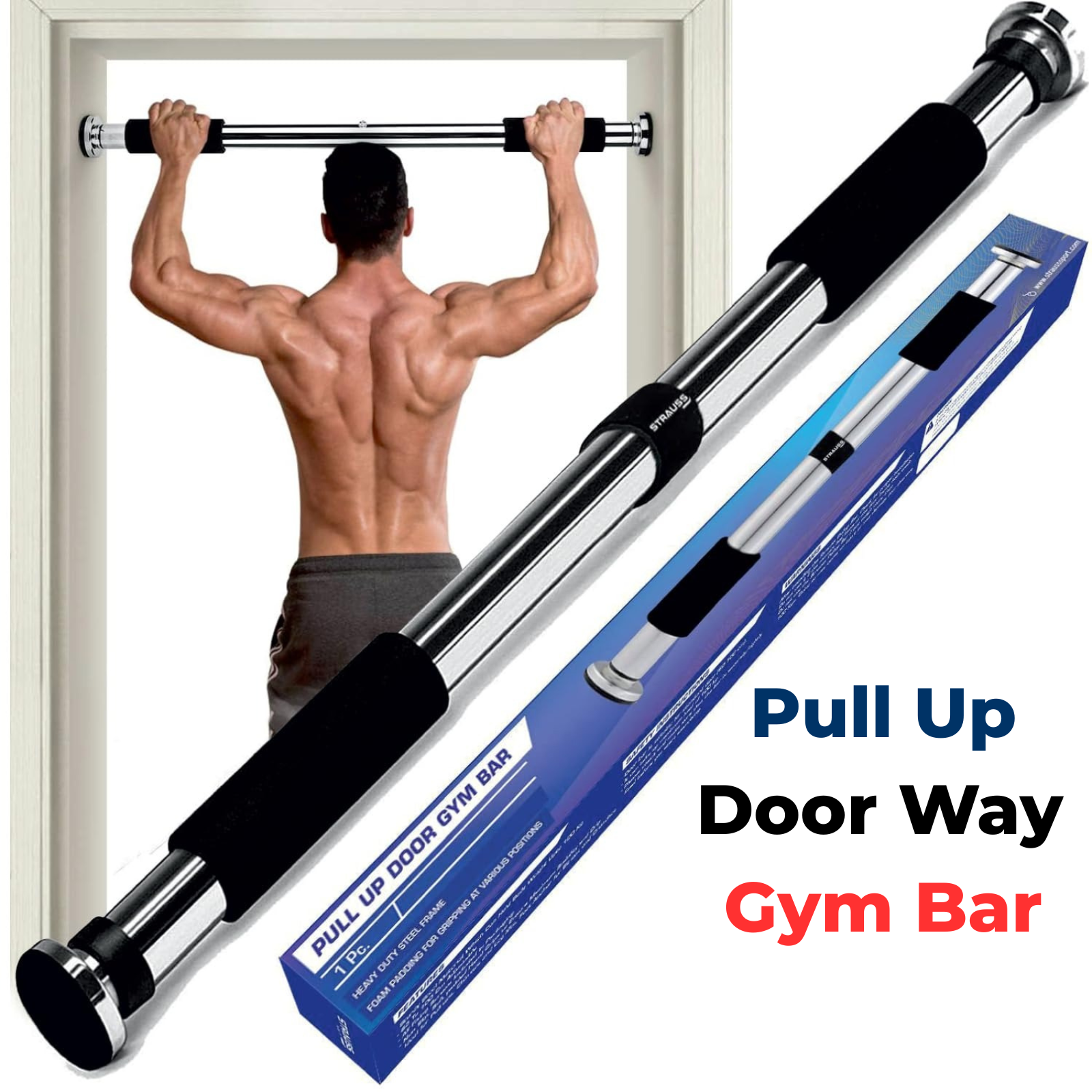 Iron Door Way Gym Bar - Adjustable Pull Up Bar for Doorway | Chin Up Bar Rod Stand for Home Gym Fitness, Adults & Kids | Door Pullup Bar with Strong Grip Handles