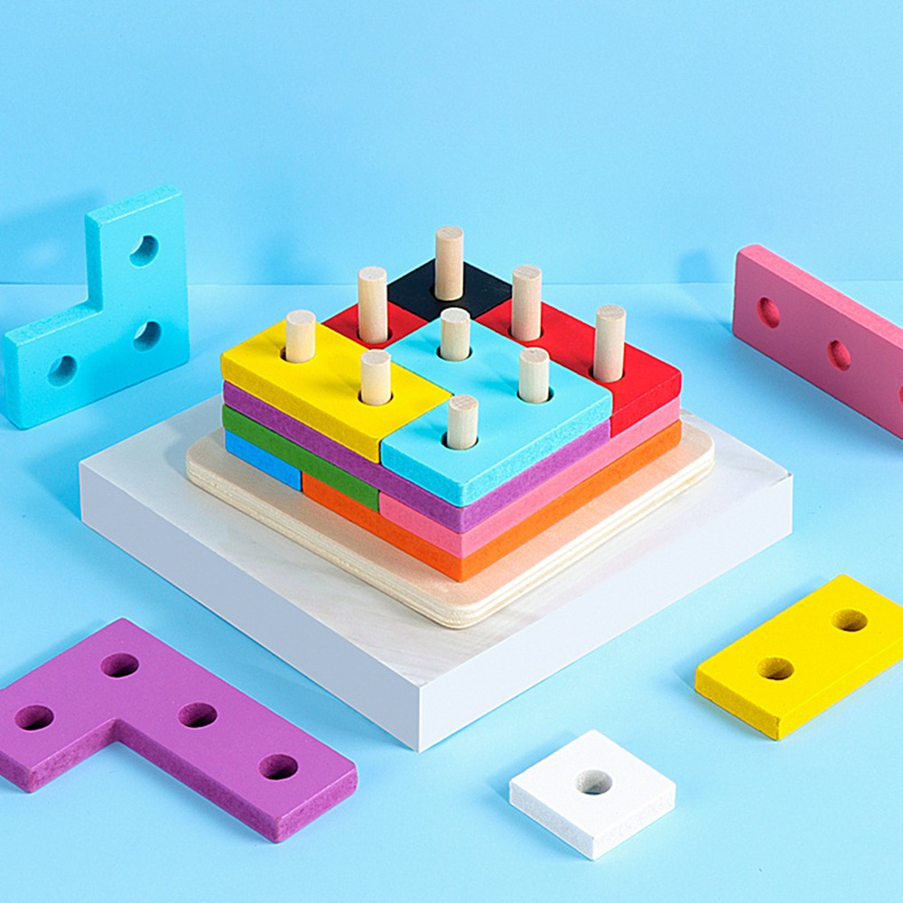 Lewo Wooden Puzzle Toddler Toys Shapes Sorter Preschool Geometric Blocks Stacking Games for Kids Geometric Shape Sorter