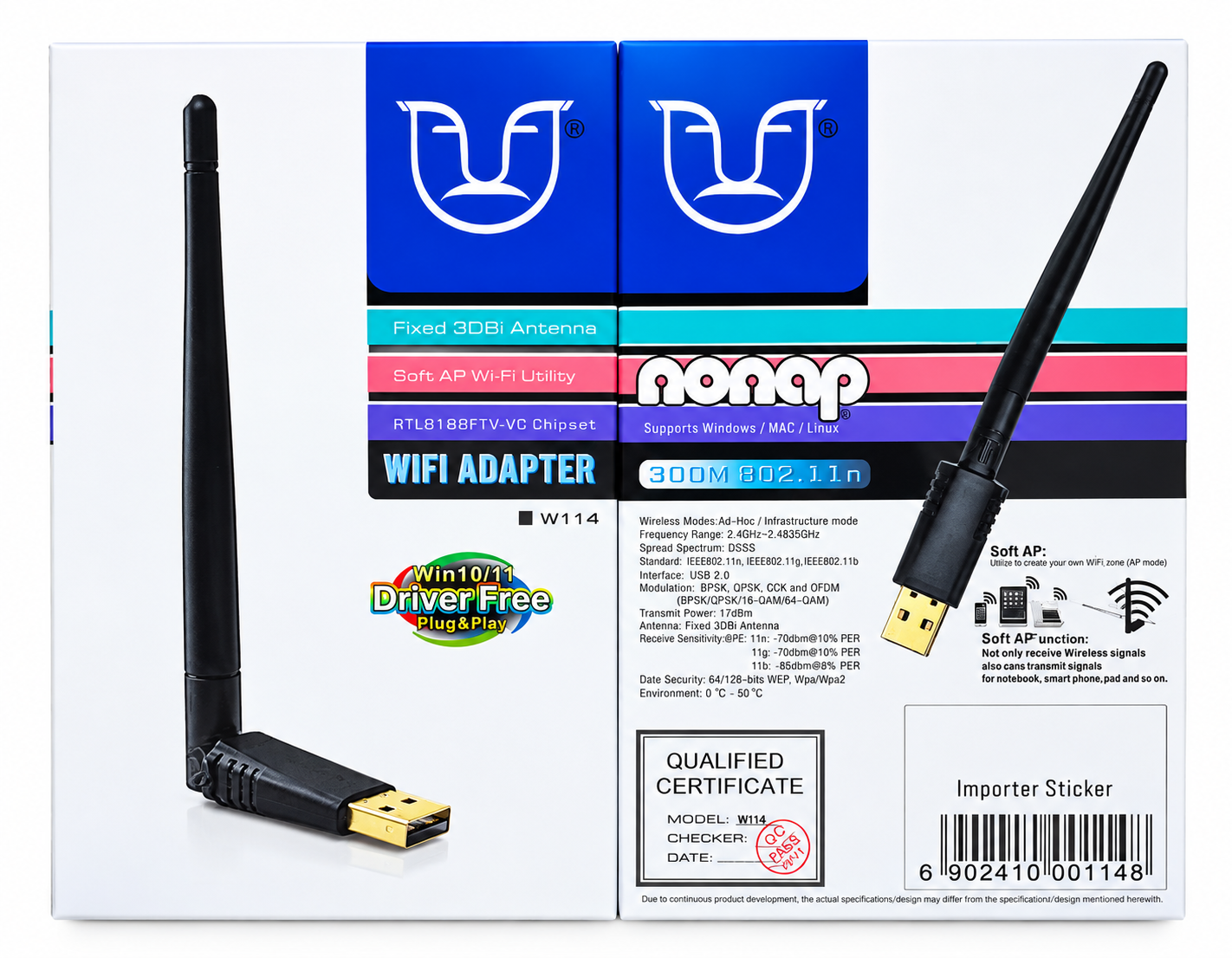 USB WiFi Adapter 300Mbps Wireless WiFi Receiver 2.4GHz with Antenna for PC Laptop Desktop Computer