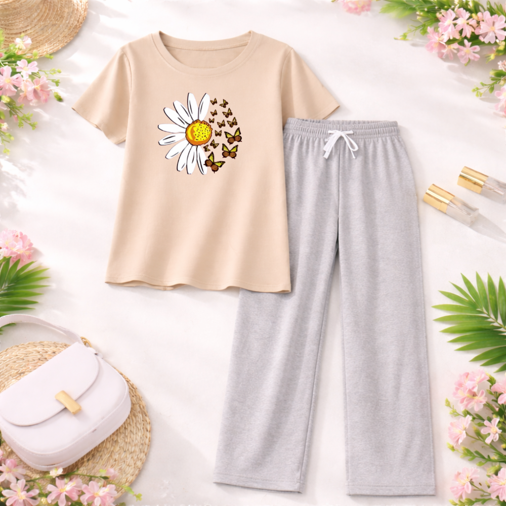 MK Garments - Sunflower Girls 2 Pcs Set Soft Jersey Half Sleeves T-Shirt & Trouser Comfortable Sleepwear Nightwear Casual Home Wear for Girls
