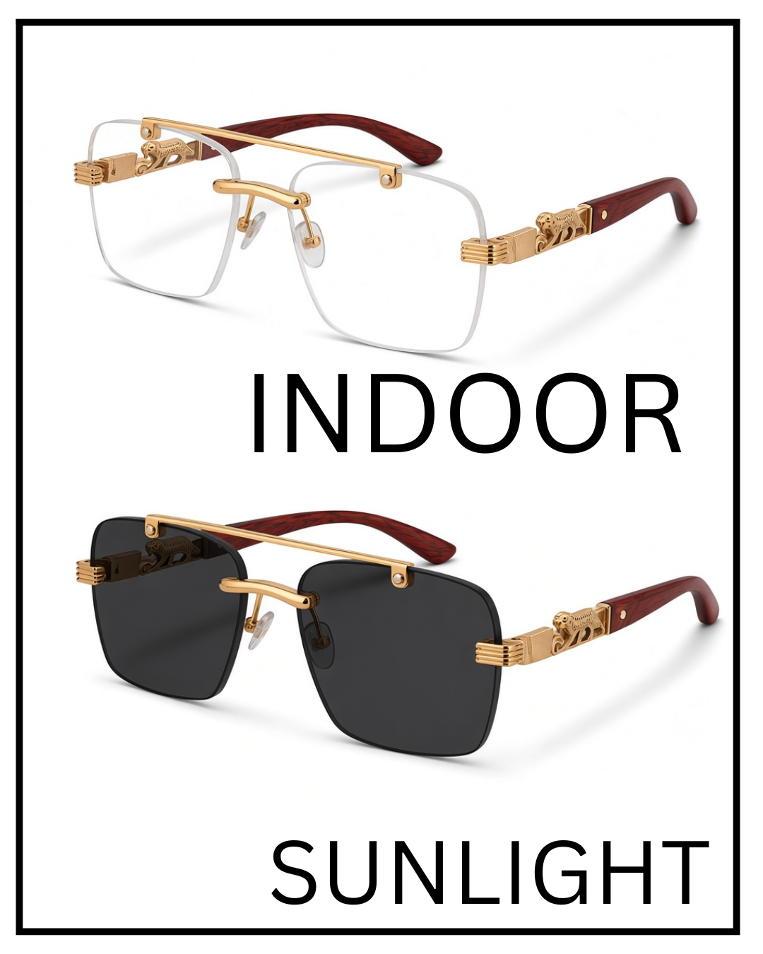 Cheeta Magical Sunglasses Luxury Wood & Gold Metal Rimless  | Square UV Protection Lens with Panther Accents & Top Bar | Premium Unisex Eyewear for Men & Women