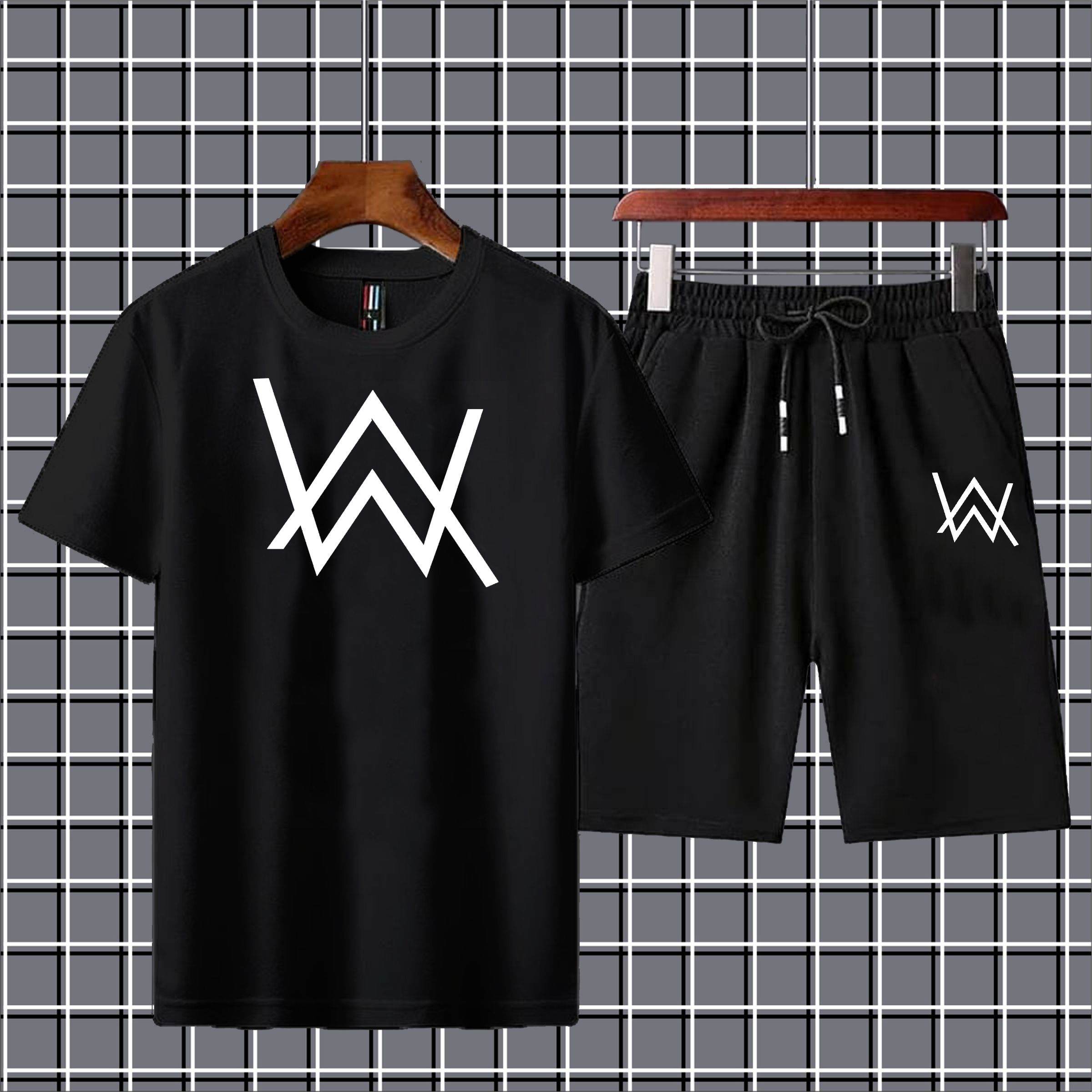WW alen walker printed summer short tracksuit premium quality printed soft & comfortable fabric gym wear tshirt+trouser-Black