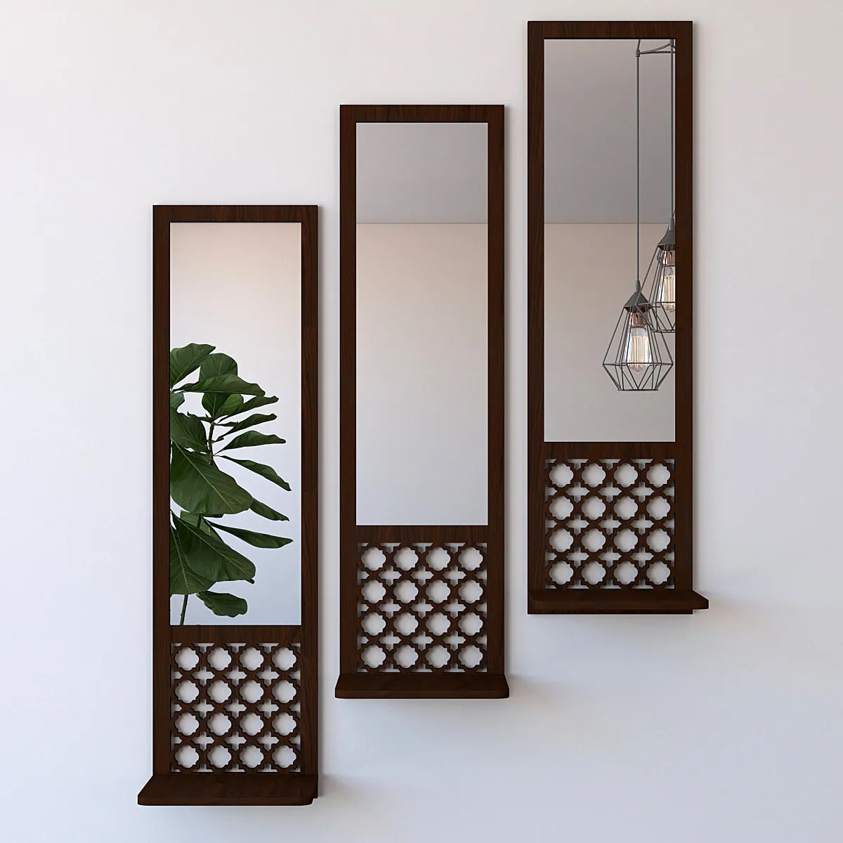Mirror Shelf Wooden Pot Holder Home Office Wall Decor In Brown 1/3 Pcs Wooden Wall Mounted Pot Holder With acrylic Mirror