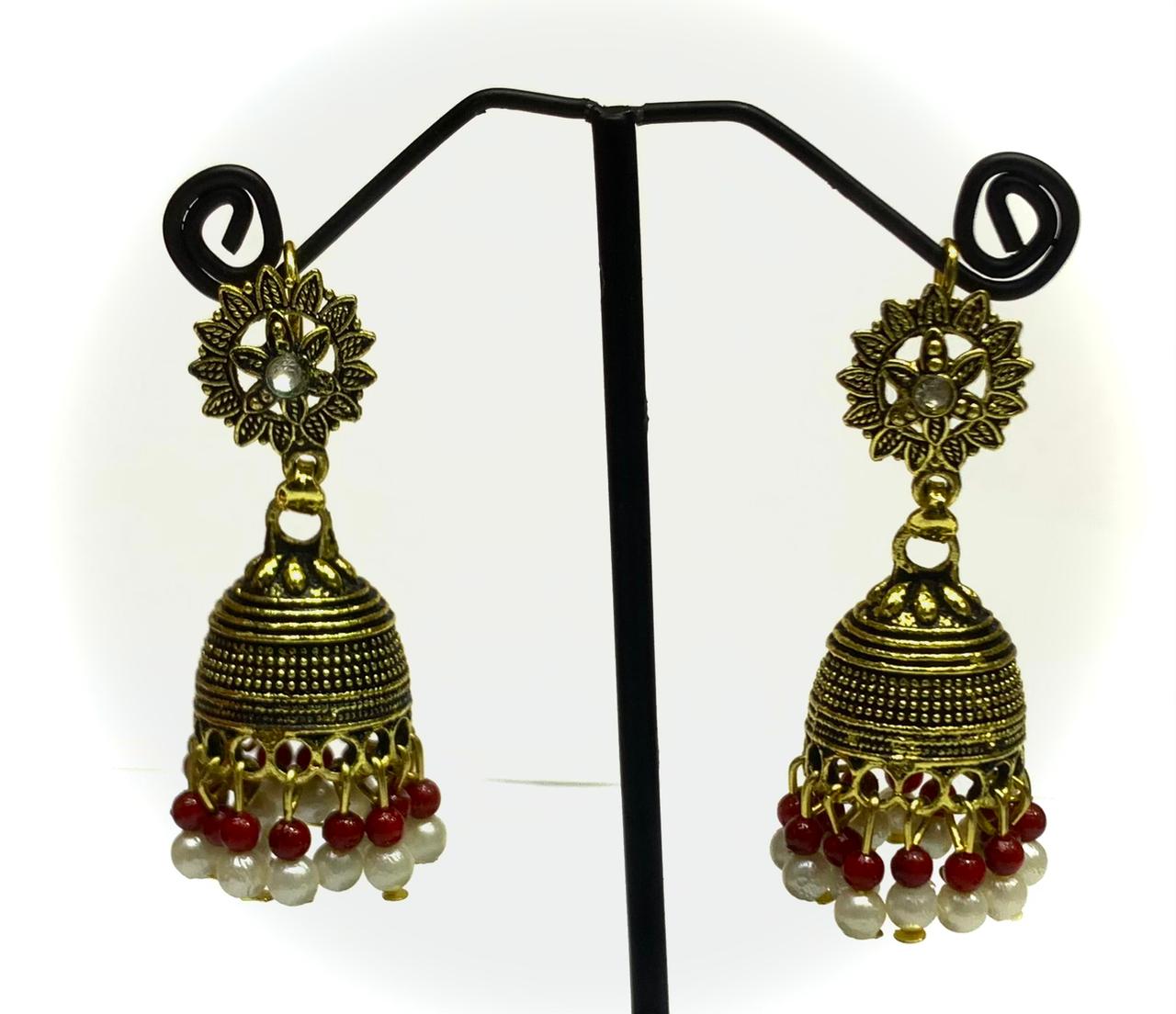 Indian Jhumki Matte Antique Small Carved Jhumka Jewellery Golden Beads Drop Earrings For Women