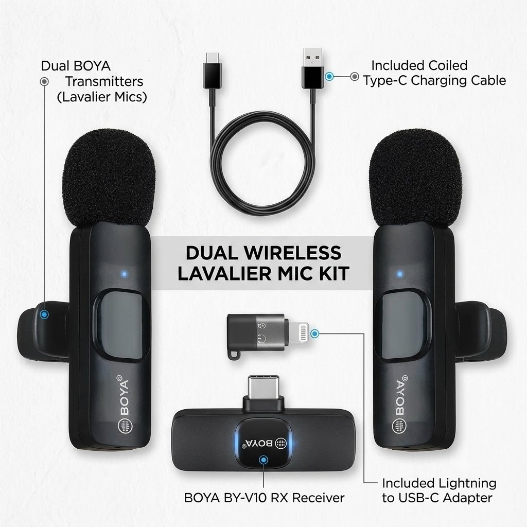 BOYA BY-MW3 Dual Wireless Lavalier Microphone | Dual-Channel Noise Cancellation | For Type-C & 8-Pin Mobile Vlogging