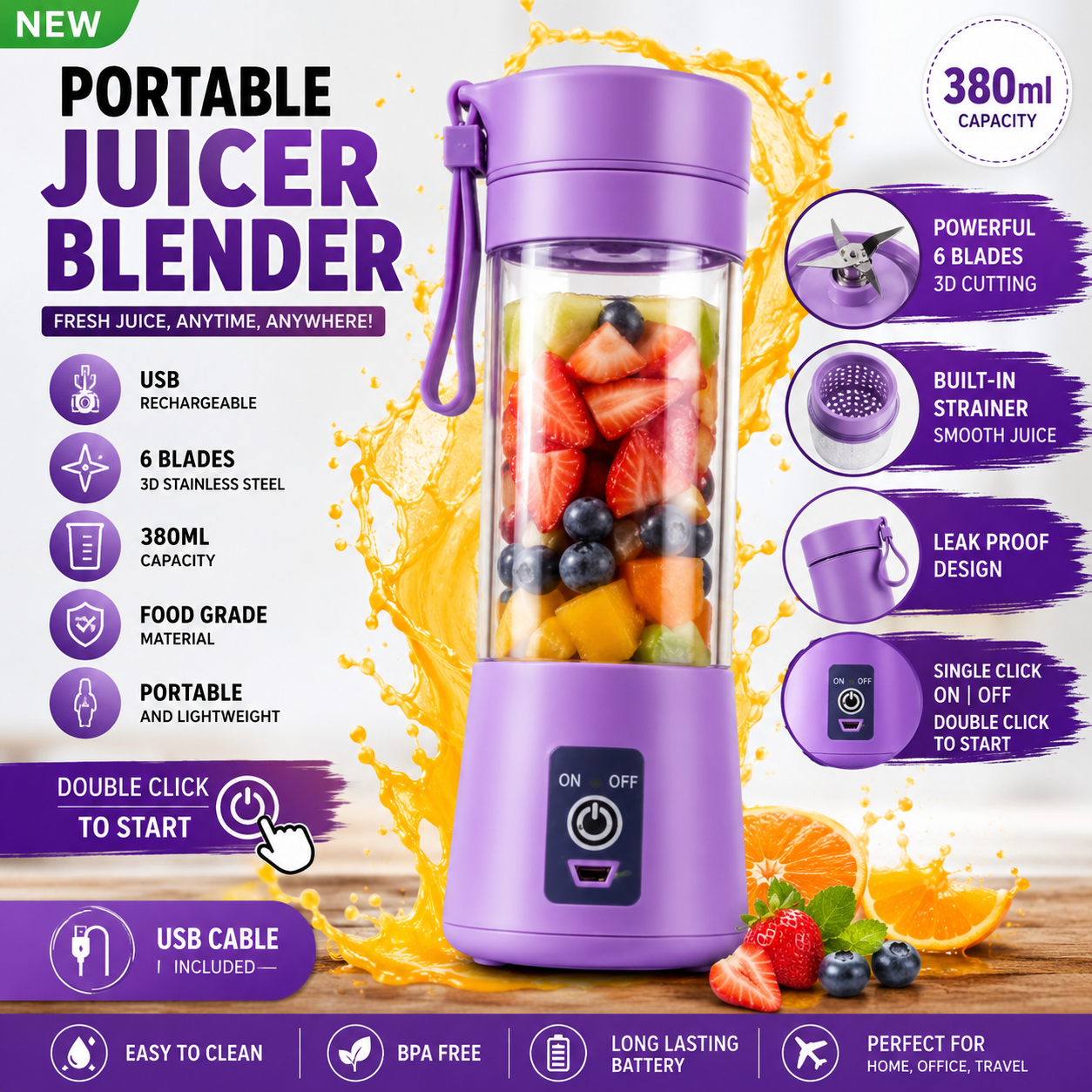 USB Rechargeable Portable Juicer Blender – 6 Blades Mini Electric Blender 380ML Food Grade Bottle, Personal Fruit Juicer Cup Machine with One Touch Double Click Start