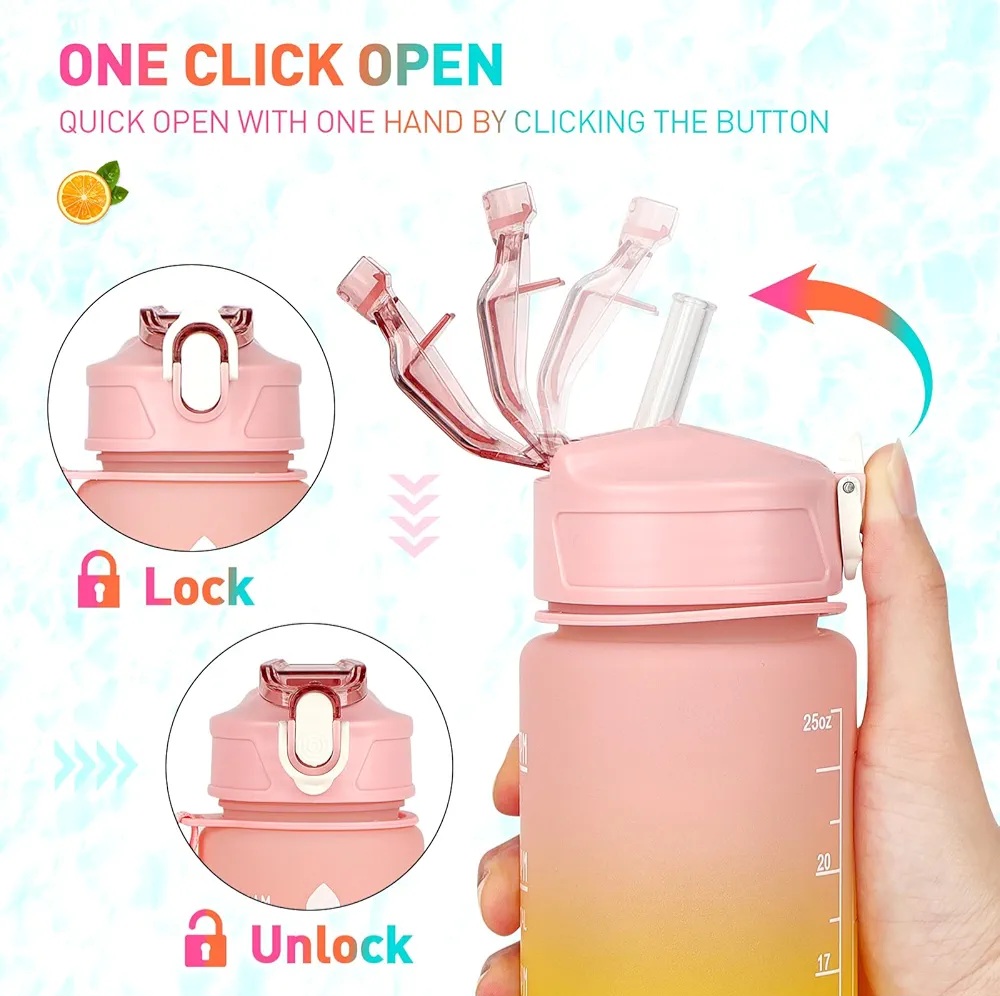 2000ml Motivational Water Bottle With Straw | 2L Gradient Color Drinking Water Bottle
