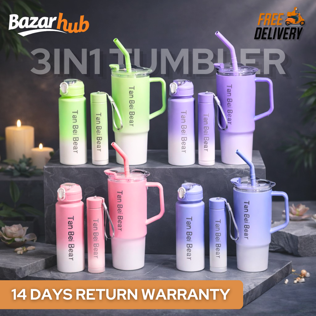 1200ml 3 in 1 Tumbler Mug - Gradient Colour Drinking Water Bottles - BPA Free Grade Plastic Stanley Tumbler Mug For Girls & Boys - Premium Quality Iced Coffee Mug With Two Multipurpose Water Bottles For Sports & School By Bazaar Hub.pk.