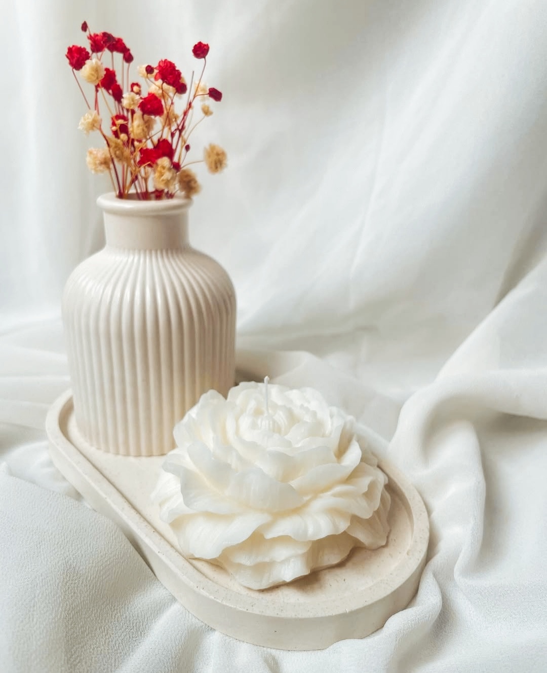 Set of 3 Mini Flower Vase Oval Tray & Peony Rose Candle Is Best for Home Decor, Modern Minimalist Home Decorative Set