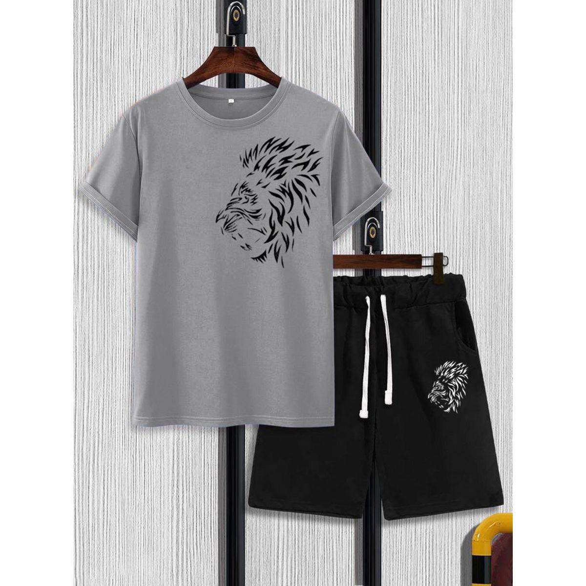 Side face lion printed summer short track suit for men Grey