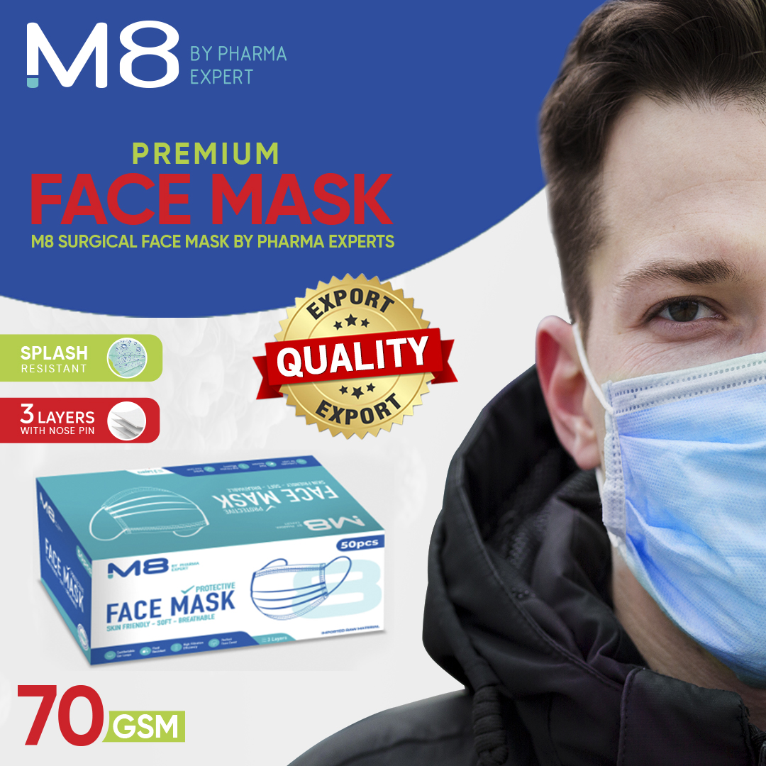 M8 Surgical Face Mask Disposable 3 Ply 70 Gsm Face Mask Pack Of 50
