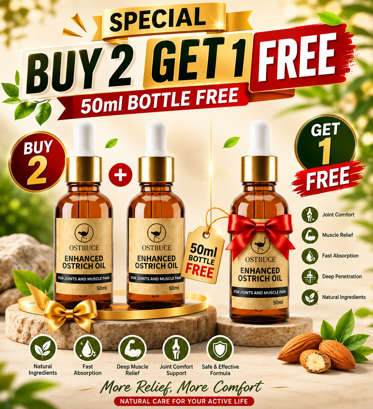 Enhanced Ostrich Oil Premium Natural Body Massage Oil Moisturizing Care Oil for Men & Women – Buy 2 Get 1 (50ml) Free
