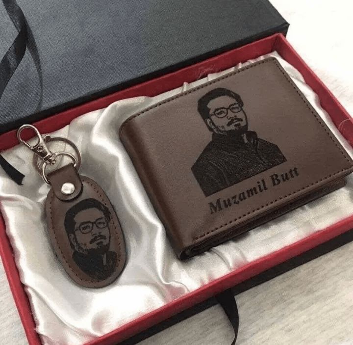 Customized Laser Sketch Photo & Name Printed Brown Men's Wallet & Keychain Gift Box Set - Personalized Picture Line-Art Engraved Wallet Combo Gift for Men