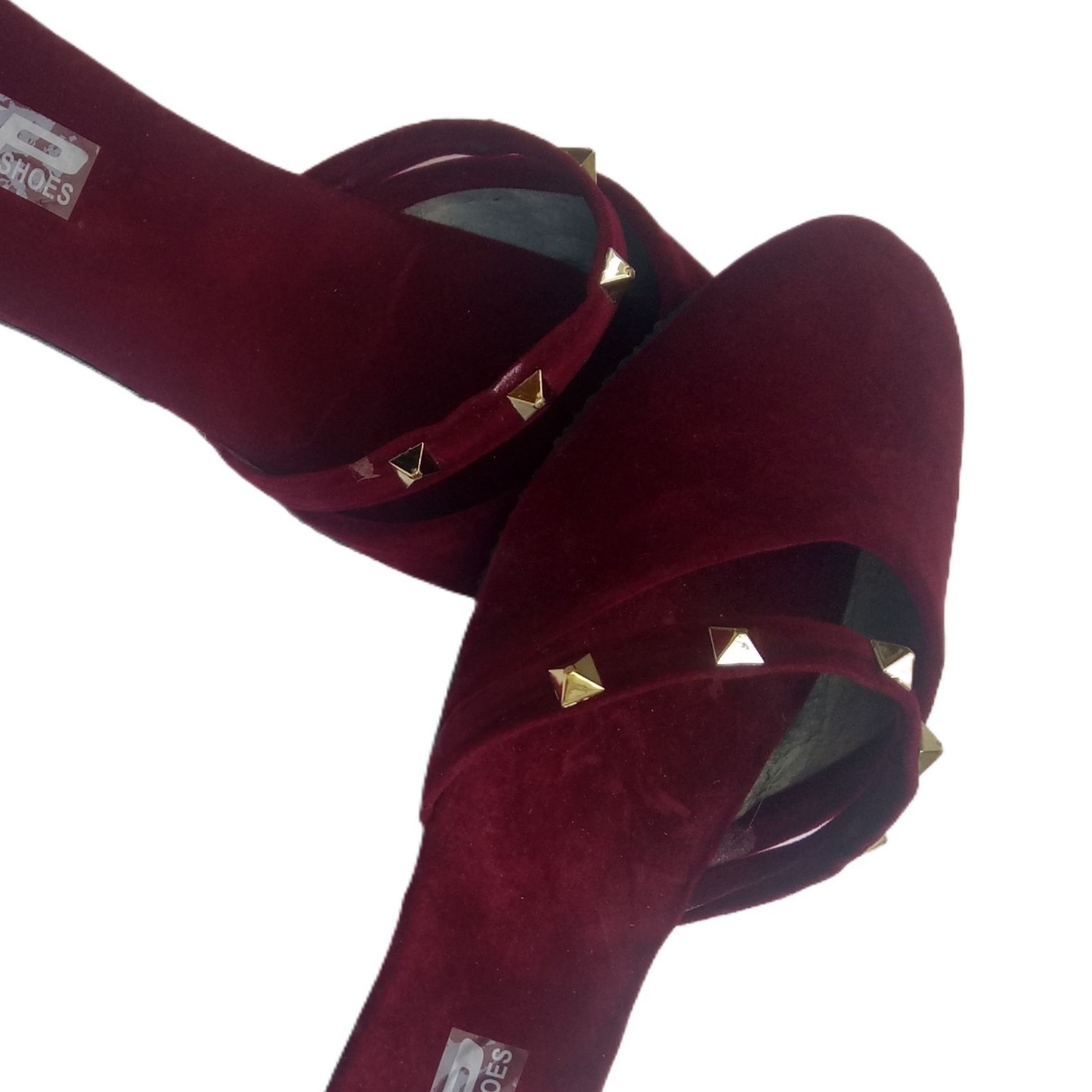 Hot Maroon velvet  valentino trendy fashion half pumps shoes for girls and womens.winter shoes for women.winter pumps for girl