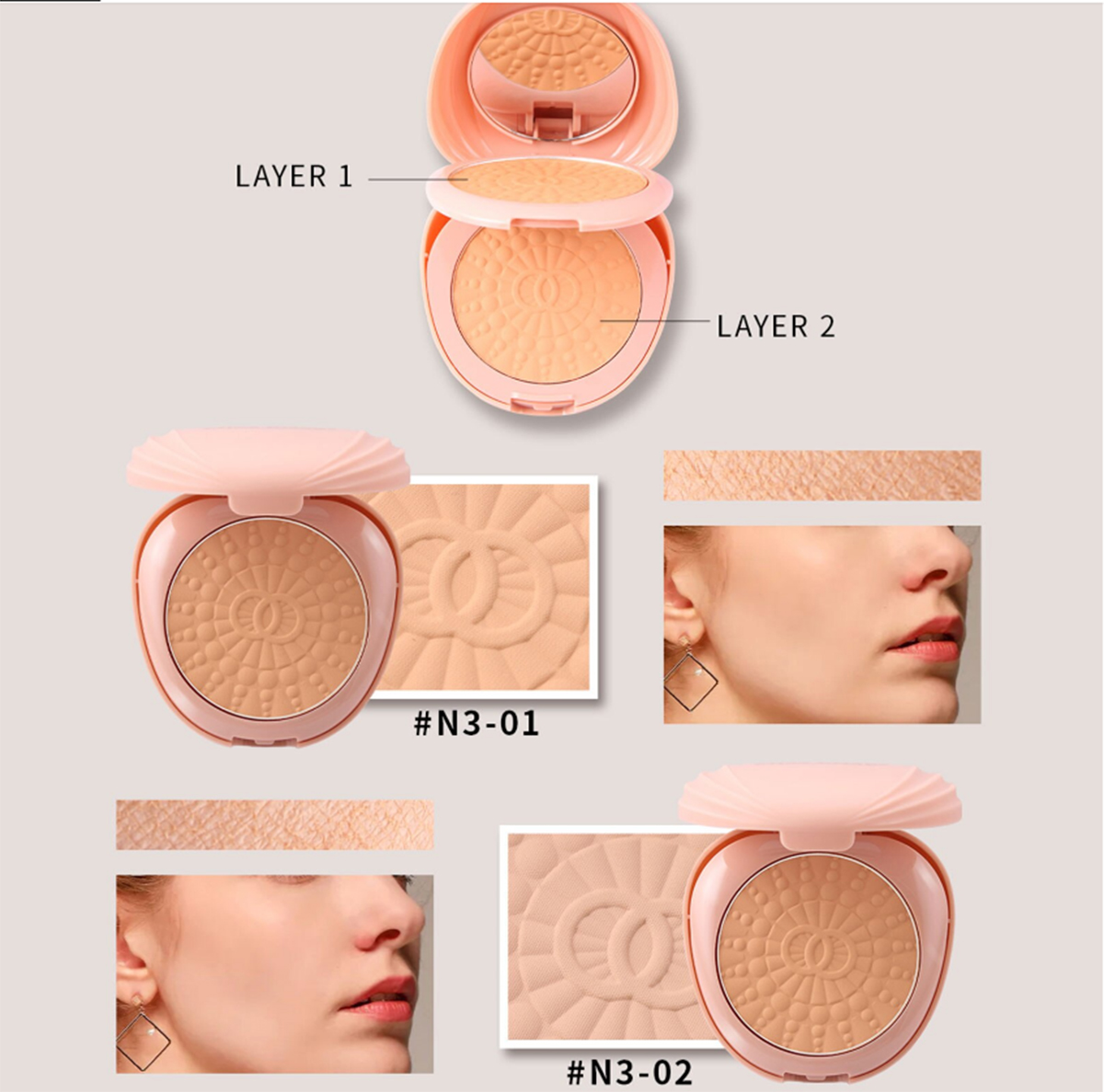 Miss Rose Elegant Dual-Tone Compact Powder with Built-in Mirror & Puff, Full Coverage Face Makeup, Neutral Pressed Powder