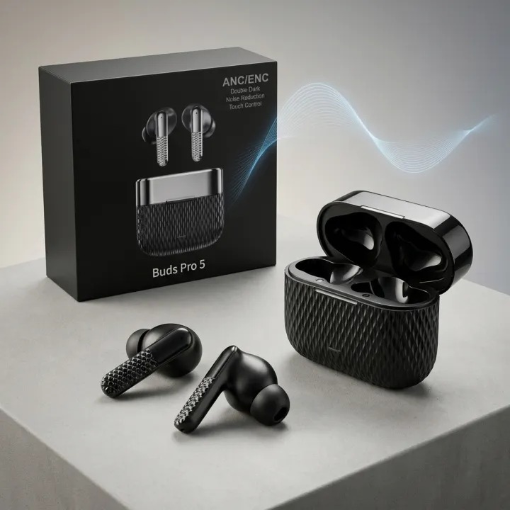 🔥 Buds Pro 5 Wireless Bluetooth Earbuds with ANC, ENC Noise Cancellation, Bluetooth 5.3, HD HiFi Stereo Sound, Touch Control, Type-C Fast Charging, LED Display, Long Battery Life, Gaming Earbuds with Microphone, Sports TWS Earphones, Black & White