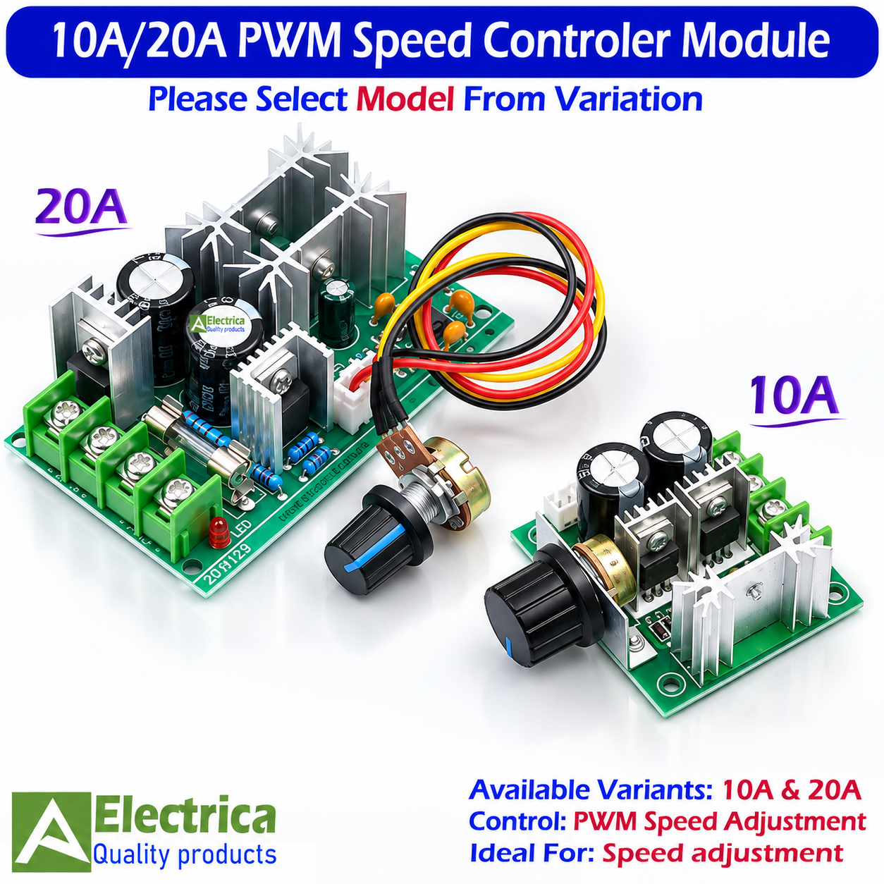 10A / 20A PWM DC Motor Speed Controller Module Adjustable Speed Regulator Board with Knob for DC Motor Fan Pump by Electrica