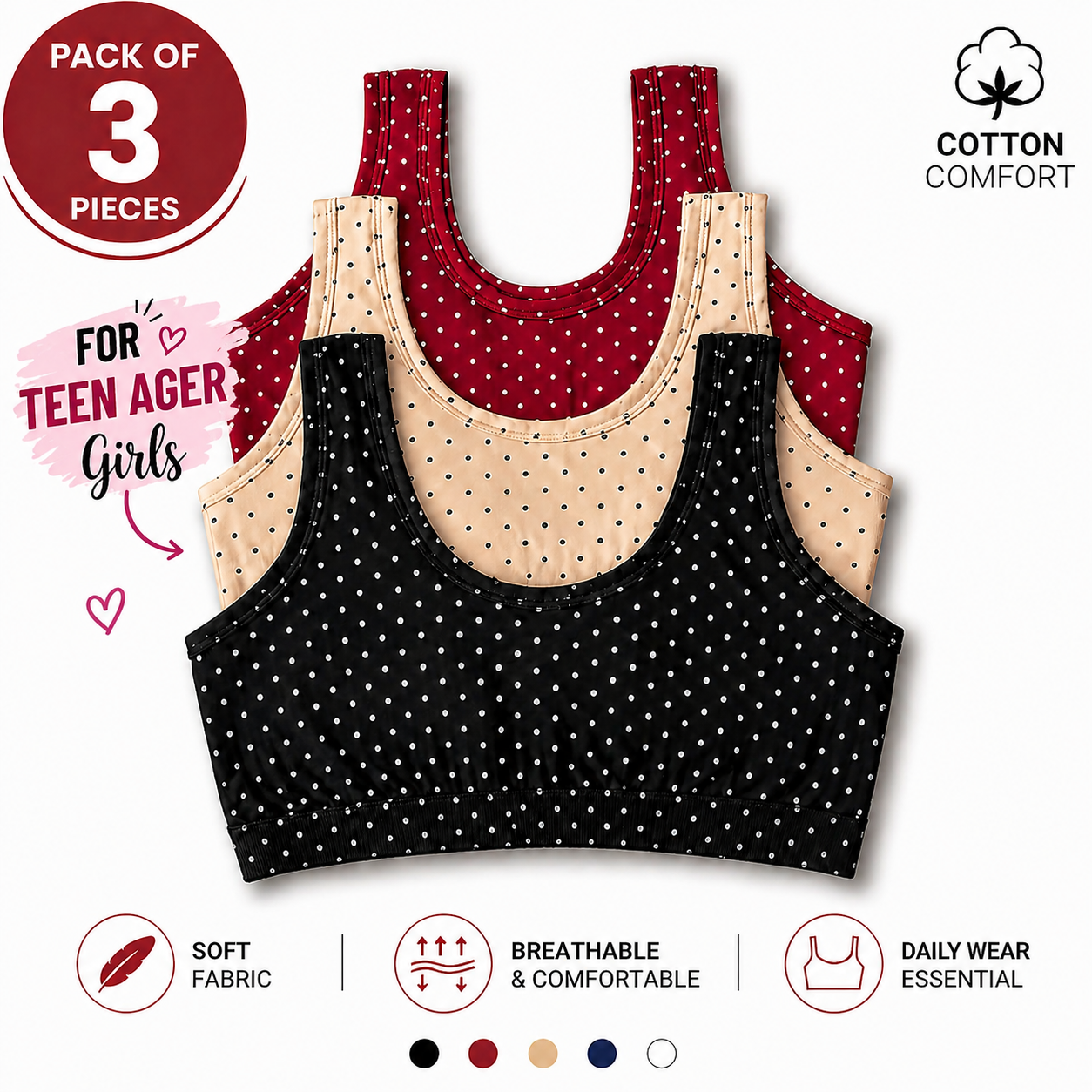 Pack of 3 Teen Girls Cotton Blouse Soft Stretchable Breathable Comfortable Daily Wear Inner Blouse Random Blouse For Girls