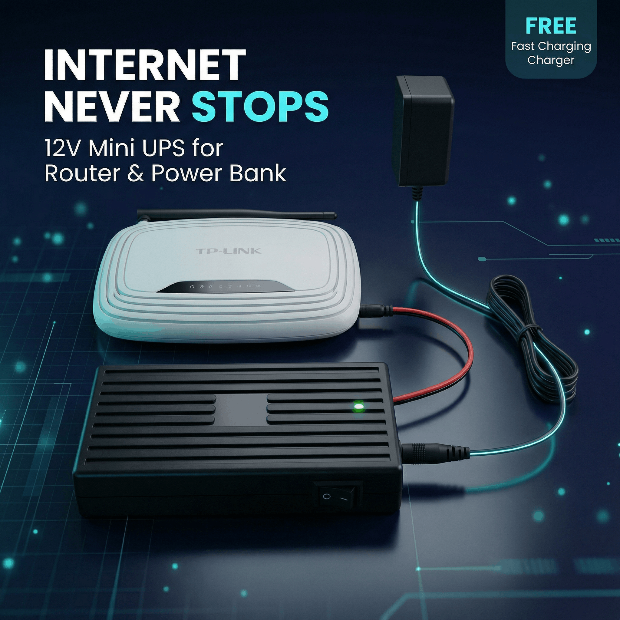 12V WiFi Router Mini UPS Power Bank with all PROTECTIONS+FREE CHARGER Backup Battery 12V Dual Output for TP-Link Tenda PTCL StormFiber  Huawei Fiber ONT Modem | 6-8 Hours Backup | Plug & Play Auto Charging | Fast Adapter | Internet Backup Power Supply