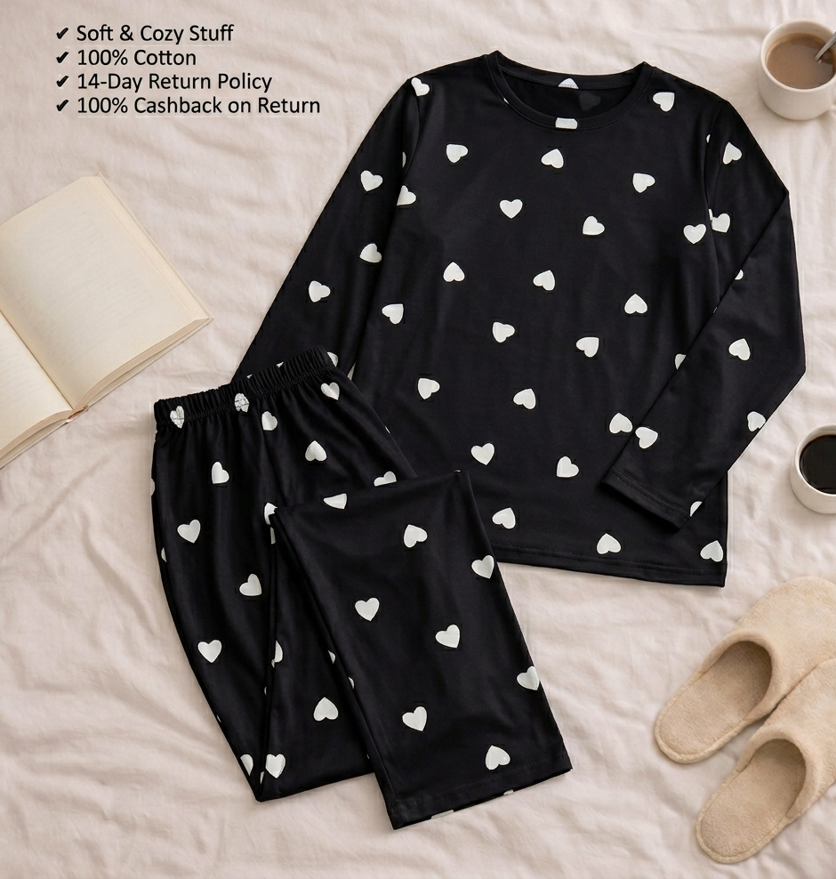 Premium Qulity Full Sleeves Little Heart Printed Nighty Soft cotton Night Wear for Women Night suit for girls and women Sleeping Dress Girls Sleepwear Loungewear Sleeping Suit lingerie T shirt and Pajama, Night Dress for girls and women Siddiqu's Store 01