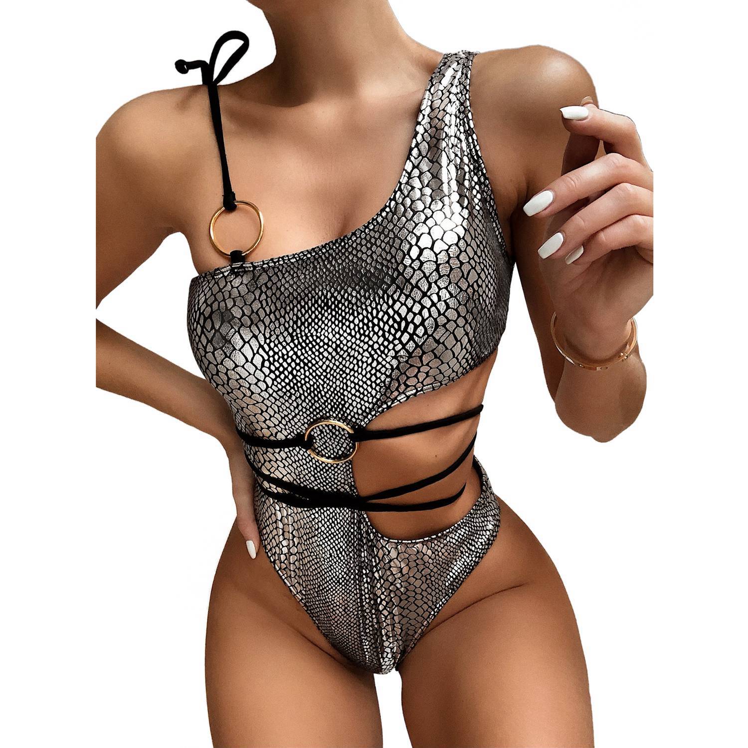 silver one piece bathing suit