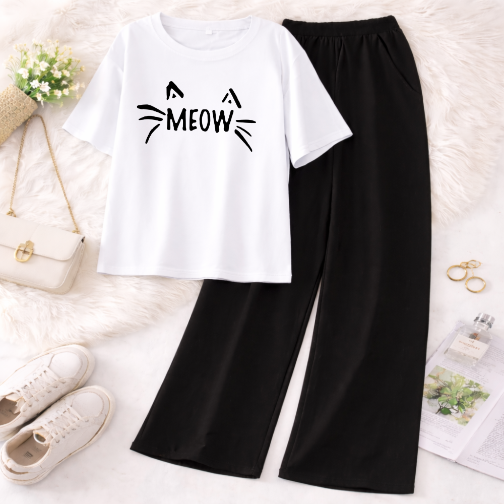 FashionPoint - Meow Printed 2Pcs Printed Half Sleeves T Shirt with Trouser Soft Jersey Fabric Casual Daily Wear For Girls and Kids