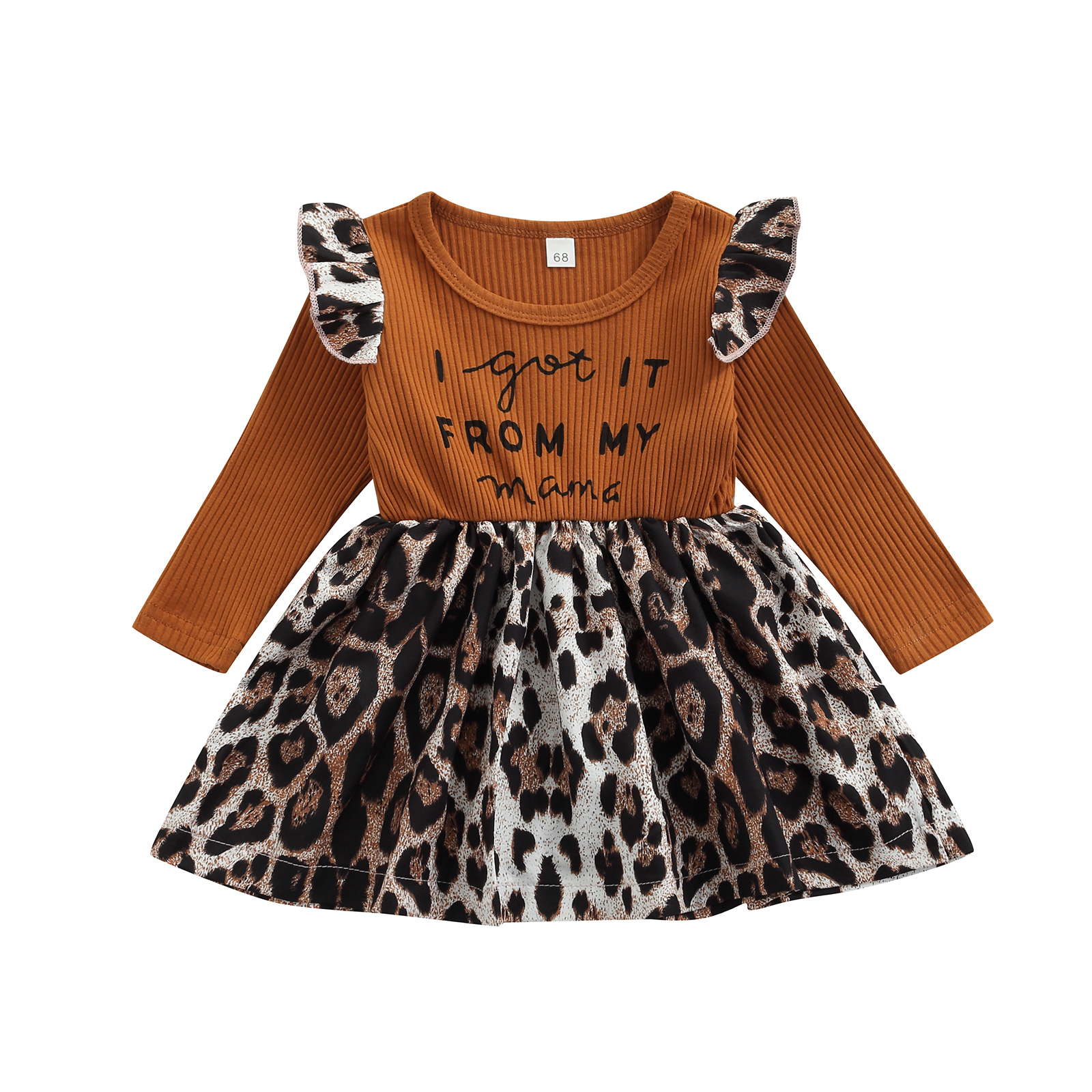 Ma Baby Baby Girl Dress Long Sleeve Round Neck Ruffle Leopard A Lined Ribbed Loose Fall Ginger Midi Daraz.pk