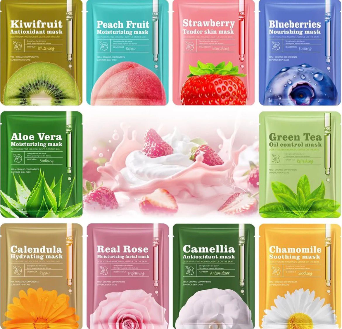 12 Face Mask Set Beauty Essence Facial Paper Sheet Mask Skin Care Moisturizing