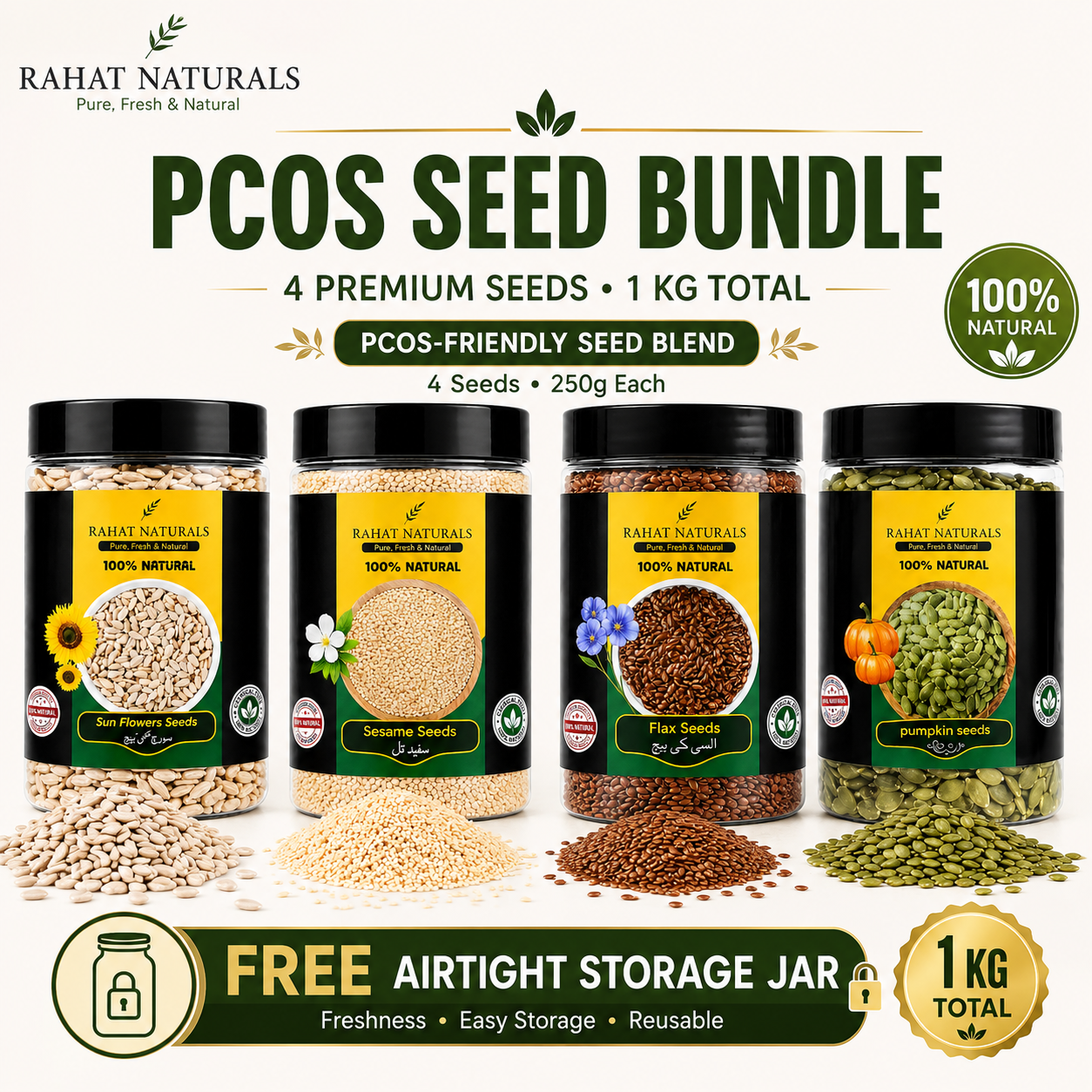 Rahat Naturals PCOS Bundle – 4 Super Seeds for Women's Hormonal Balance | Sunflower Seeds + Sesame Seeds + Flax Seeds + Pumpkin Seeds | High Fiber, Omega-3, Protein Rich | Natural PCOS Support | Weight Management & Women's Wellness