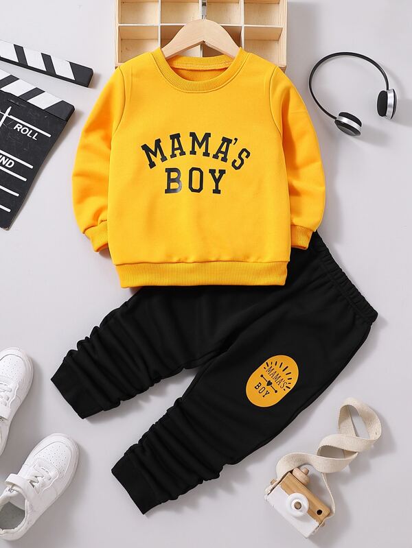 Toddler Boy's Color Clash 2pcs, Sweatshirt & Sweatpants Set, MAMA'S BOY Print Long Sleeve Top, Casual Outfits, Kids Clothes For Spring Fall