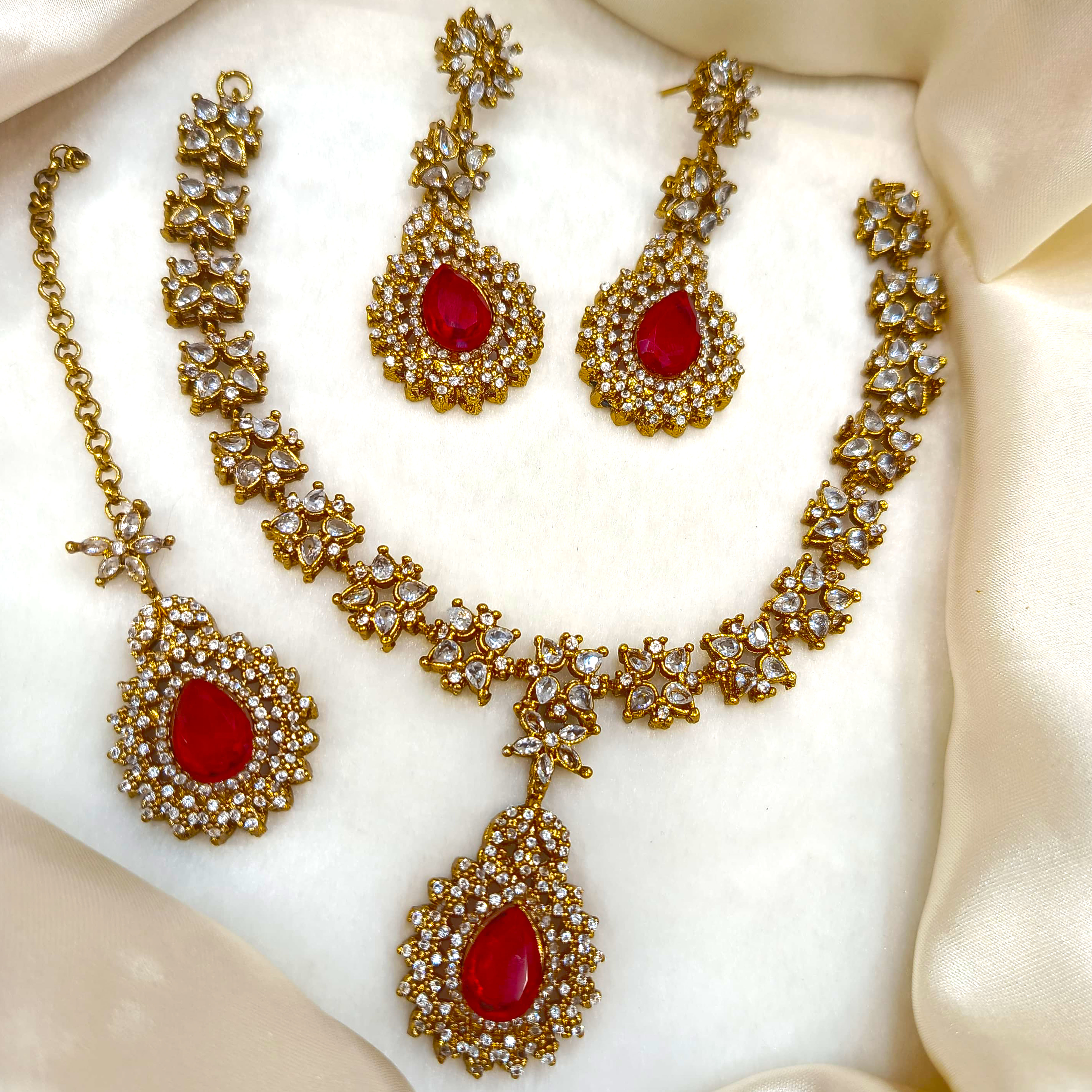 Necklace Set With Earrings And Tikka, Zircon stone work fine quality product