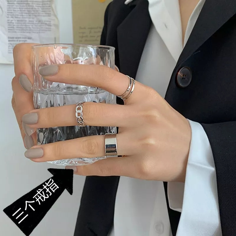 Pack of 3 Silver Rings For Girls Rings For Girlfriend Stylish Geometric Chain Design Adjustable Ring Set High quality Rings