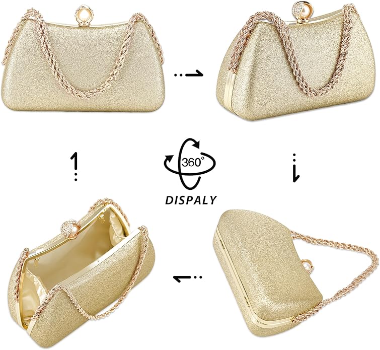 Glitter Evening Clutch Bag for Women – Fancy Bridal Purse with Pearl Clasp & Detachable Chain  Elegant Wedding & Party Handbag for Girls  Luxury Metal Frame Clutch