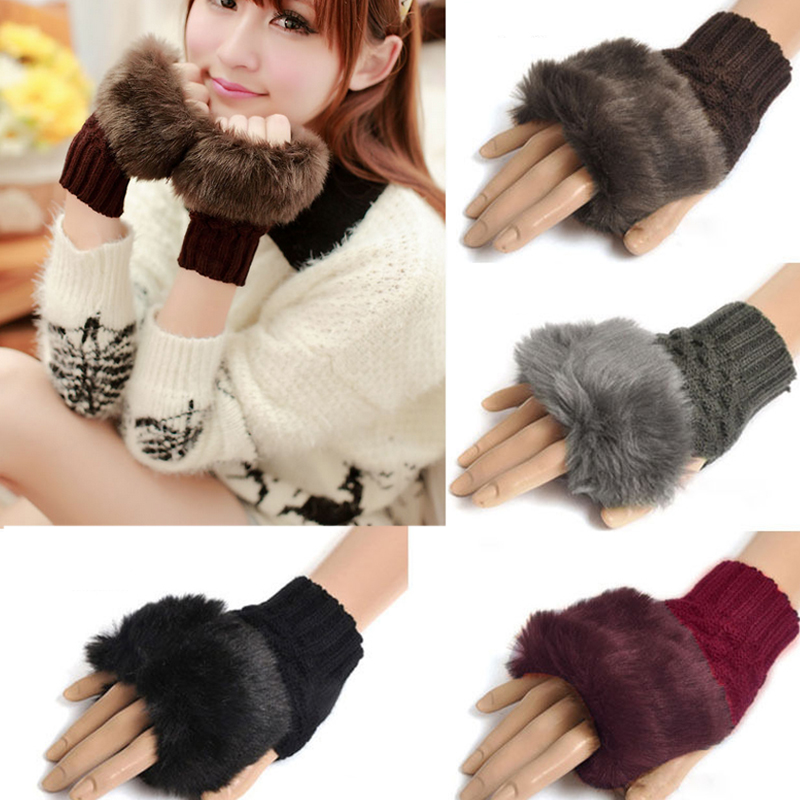Women Winter Faux Fur Fingerless Gloves - Stylish Knitted Hand Warmers for Girls & Women - Soft and Cozy Winter Essentials