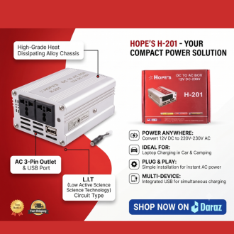 Hope's H-201 DC to AC Box Inverter | 12V to 220V - 230V AC Car Power Converter | Portable Laptop Inverter with AC 3-Pin Outlet & USB Charging Port | High-Grade Heat Dissipating Alloy Chassis