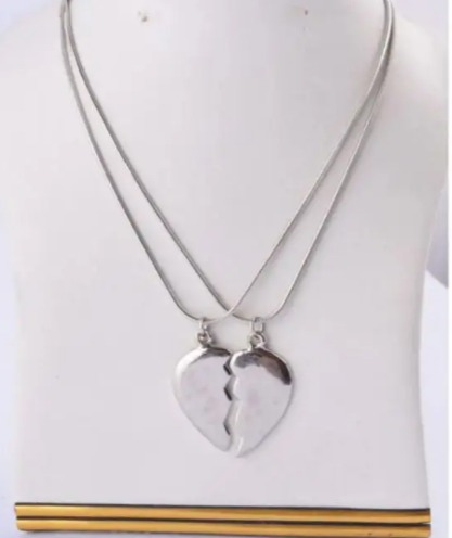 Antique Broken Heart Shaped Silver Magnet Locket with Black and Silver Chain Necklace for Lovers and Best Friends