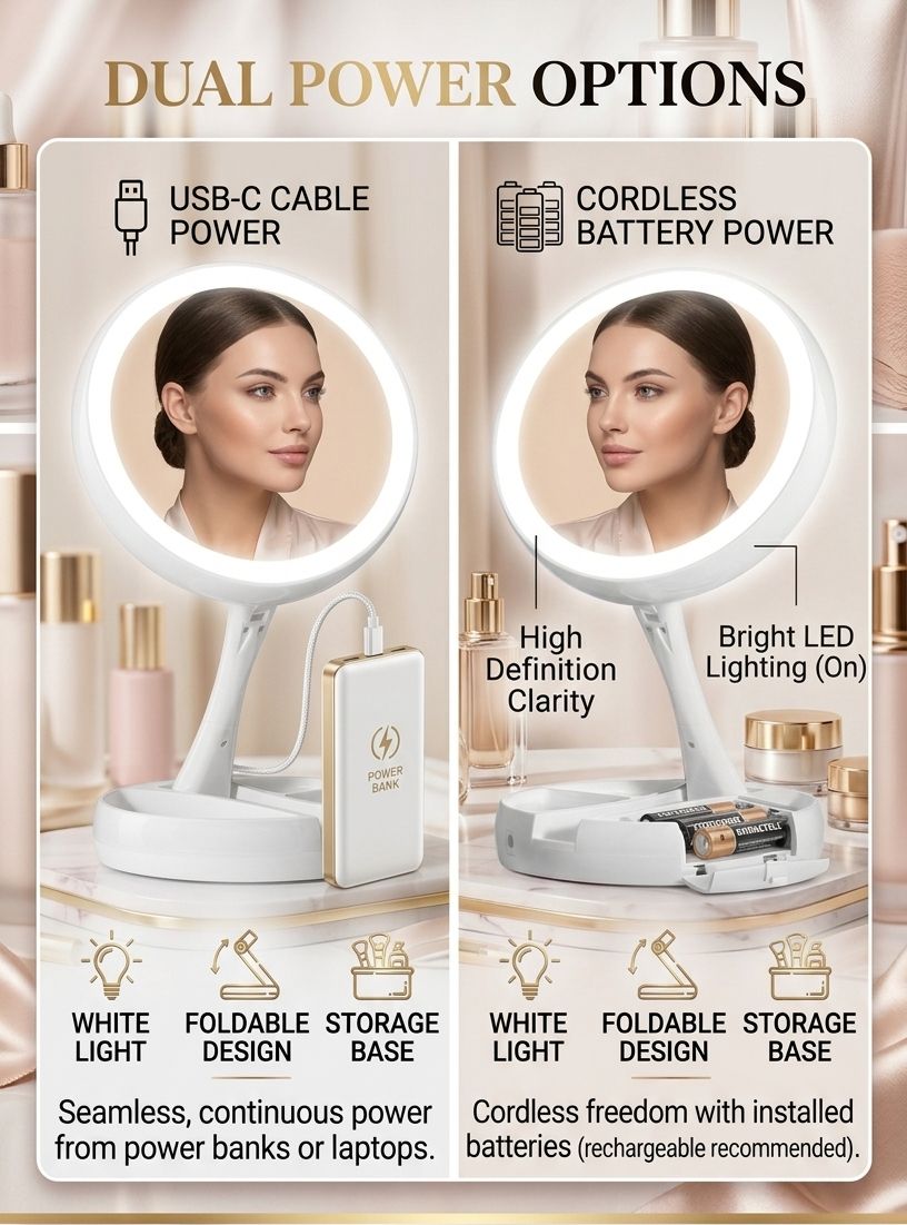 Double Sided Folding LED Makeup Mirror with Light | USB Power & Battery Lighted Vanity Mirror | Foldable Portable Tabletop Cosmetic Mirror with Stand & Storage Tray (1X/10X)