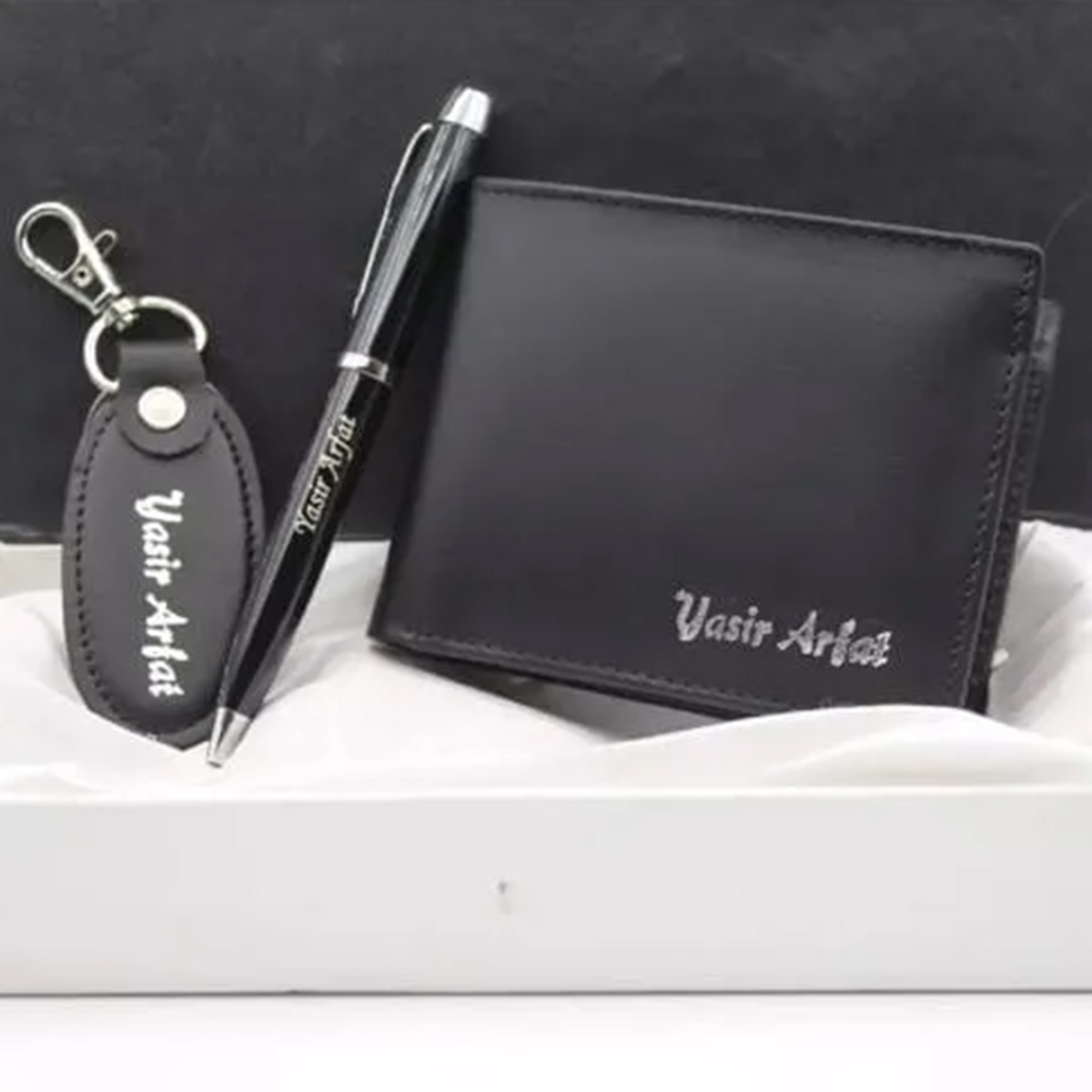 Customize Name On Wallet Keychain and pen With Gift Box Packing (PERFECT GIFT TO SEND YOUR FATHER , HUSBAND , FIANCE OR ANY ONE)