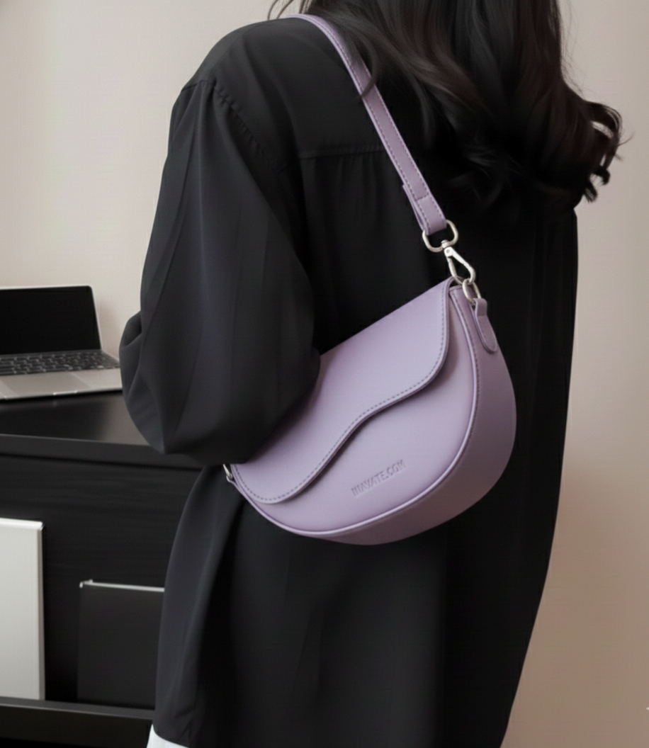 Minimalist Faux Leather Crescent Shoulder Bag - Retro Flap  Handbag with Adjustable Strap