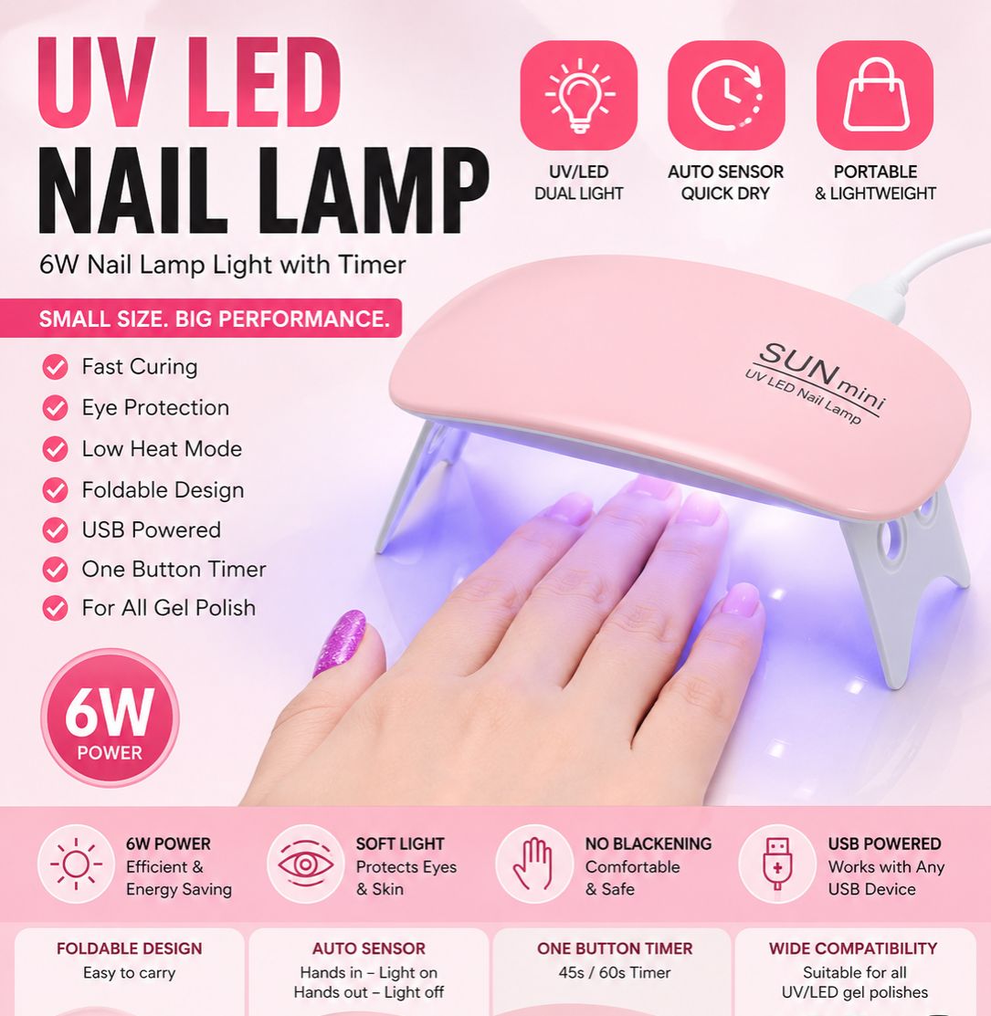 UV LED Nail Lamp 6W with Timer | SUN Mini Foldable USB Nail Dryer for Gel Polish | Portable UV/LED Light for Manicure & Pedicure