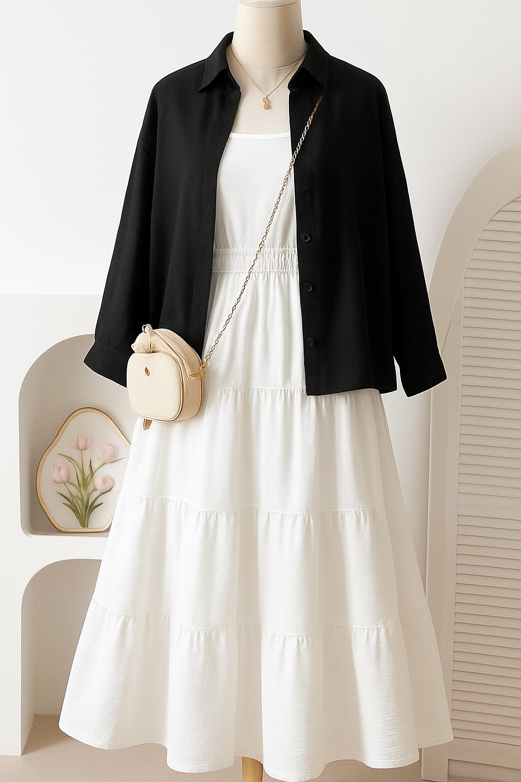 Western Wear Layered Maxi Dress Set for Girls – Elegant Button-Down Shirt with Flowy Tiered Inner Dress