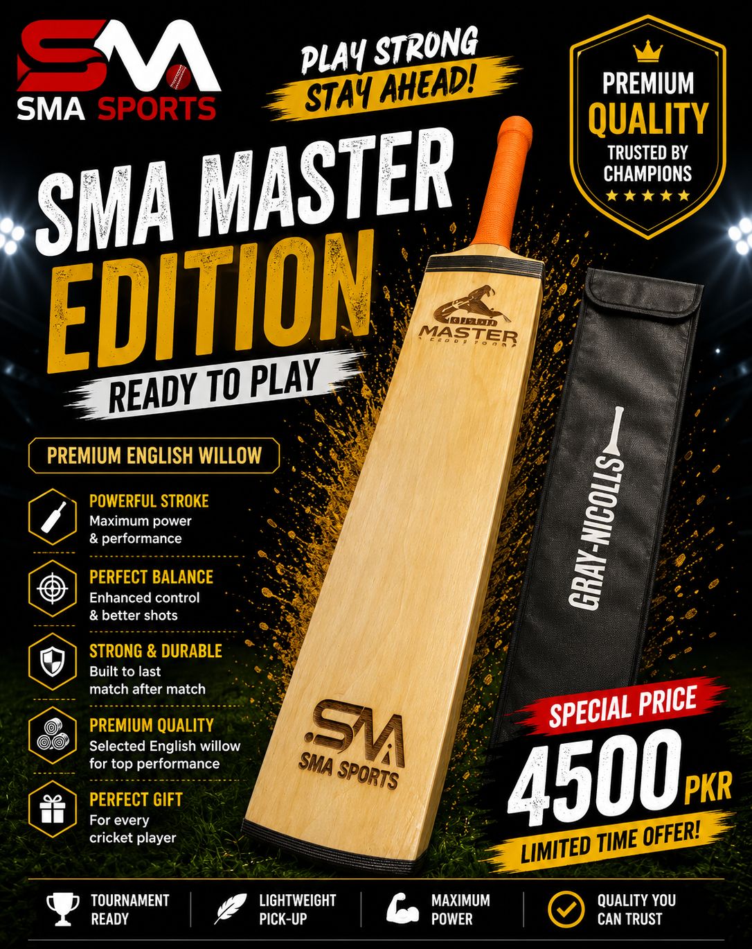 SMA Sports Professional Tape Ball Cricket Bat | With Bat Cover | Without Colour & Sticker | Without Holes | Black Mamba Edition
