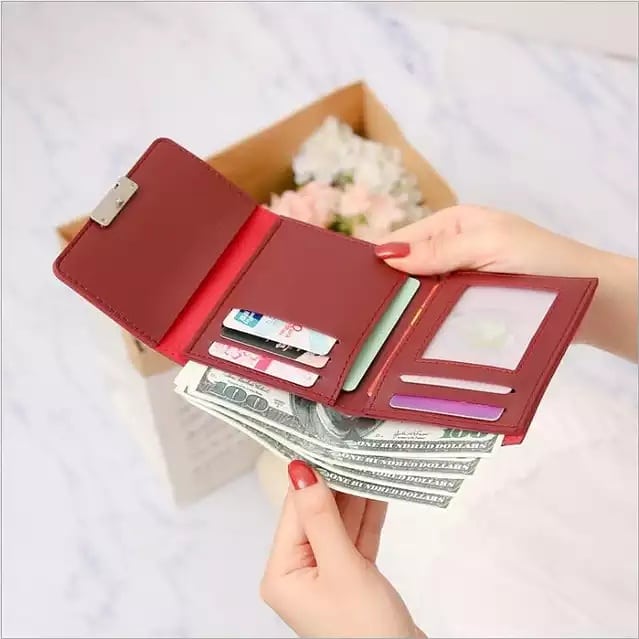 Fancy Small Hand Clutch for Girls, Compact PU Fabric with 7 Card Slots, Button Closure, Trendy Design