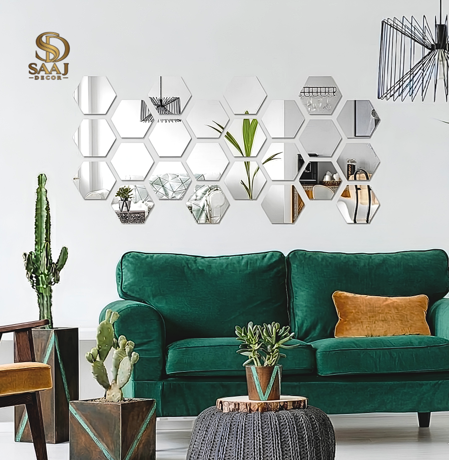 6" Large (36 Pcs) 3D Hexagon Acrylic Mirror Wall Stickers | Self-Adhesive Glossy Wall Decor for Living Room Bedroom Office | Reusable Home Decoration | SAAJ DECOR